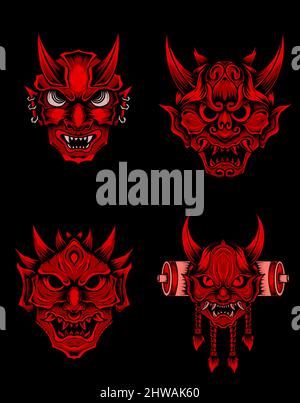 Set illustration oni mask red color Stock Vector