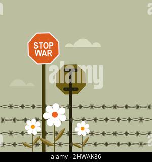 'Stop War' signages on both sides of a fenced international border Stock Vector