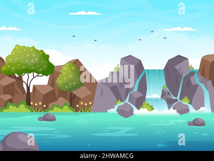 Waterfall Jungle Landscape of Tropical Natural Scenery with Cascade of Rocks, River Streams or Rocky Cliff in Flat Background Vector Illustration Stock Vector