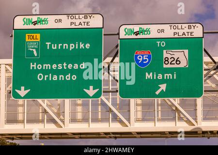 Street signs to Homestead Orlando and Miami - MIAMI, FLORIDA - FEBRUARY 14, 2022 Stock Photo