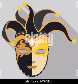 Jester silhouette wearing a traditional Volto mask and hat, in flat style with long shadow effect Stock Vector