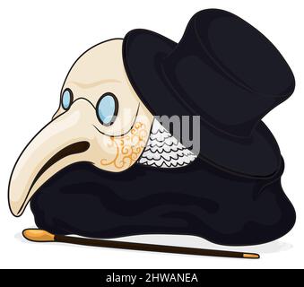 Traditional Venetian Plague Doctor attire: mask with beak and eye glasses, cane, black top hat and cape with laces. Stock Vector