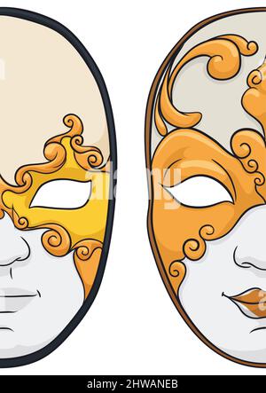 Male and female beautiful Volto masks with golden decoration. Design in split parts over white background. Stock Vector