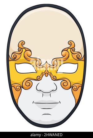 Traditional Volto mask with traditional pattern in golden color, isolated over white background. Stock Vector