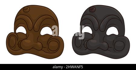 Set of Arlecchino masks of Venice's Carnival, one in wood material and the other in dark leather. Design in cartoon style and outlines. Stock Vector