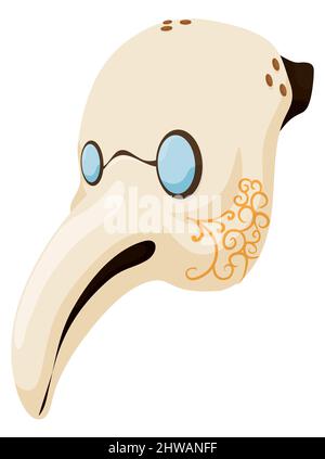 Traditional Plague Doctor mask with delicate golden pattern, eyeglasses and beak. Isolated design in cartoon style over white background. Stock Vector