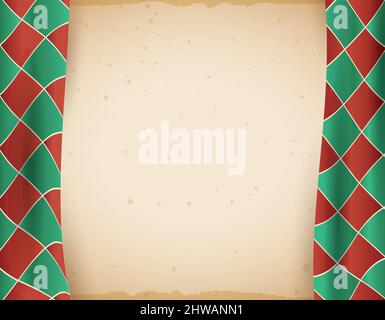 Empty scroll decorated with checkered curtains in red, green and white colors. Stock Vector