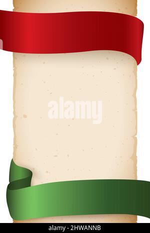 Vertical template design with ancient and ragged scroll decorated with empty red and green ribbons. Stock Vector