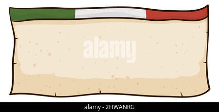 Old scroll with empty space, decorated with Italian tricolor label in the top. Design in cartoon style and outlines. Stock Vector