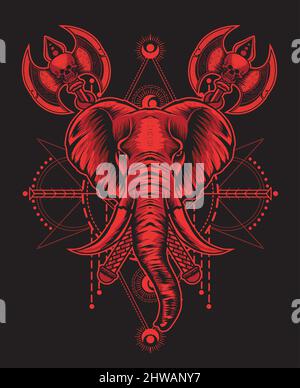 illustration vector elephant head with two ax weapon Stock Vector