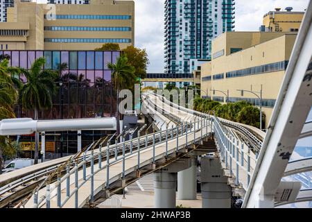 Metro Mover monorail in Downtown Miami - MIAMI, FLORIDA - FEBRUARY 14, 2022 Stock Photo