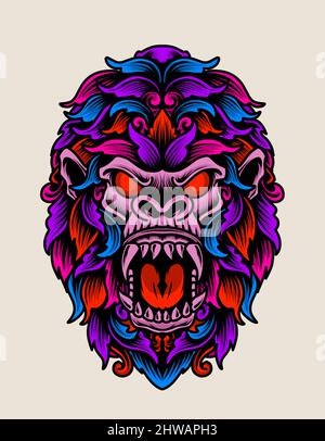 illustration vector gorilla head with vintage colorful ornament Stock Vector