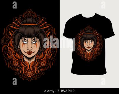 illustration baddass geisha woman with engraving ornament Stock Vector