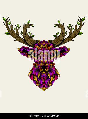 illustration vector deer head with vintage colorful ornament style Stock Vector
