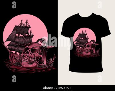 illustration vector skull pirate ship with t shirt design Stock Vector