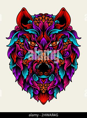 illustration vector wolf head with colorful ornament style Stock Vector