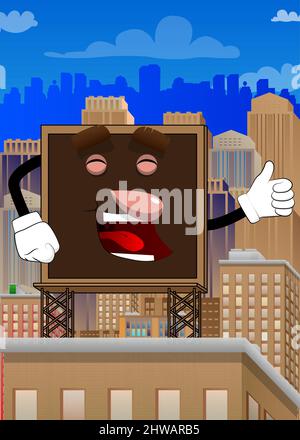 Billboard making thumbs up sign. Cute cartoon advertisement sign, banner character. Stock Vector