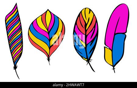 set of different feathers handwritten in colorful manner Stock Vector