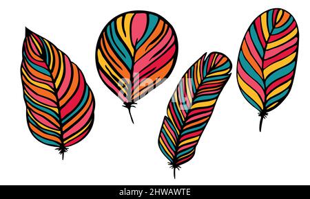 set of different feathers handwritten in black and white 2 Stock Vector