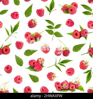 Fresh raspberry and leaves isolated on white background. Seamless pattern. Stock Photo