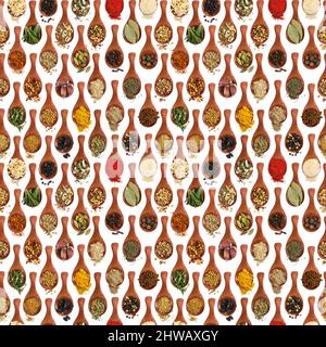 Seamless pattern with different seasonings and spices in wooden spoons isolated on white background. Top view. Stock Photo