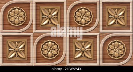 3D Golden flower wooden wall tiles design, Print in Ceramic Industries Beautiful set of tiles in traditional style in wall decor design Stock Photo