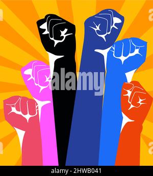 Hands are raised to show standing against discrimination and injustice Stock Vector