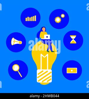 A girl sitting above light bulb working and thinking about project management - time, progress, statistics, search for solution, finance, work Stock Vector