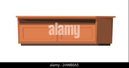 Bedside table with doors and niche under table top. Furniture in modern minimalist design. Cartoon style. Object isolated on white background. Vector. Stock Vector