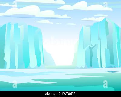 Arctic landscape. Iceberg ice Antarctica. Beautiful winter scenery. Morning at the north or south pole. Ice freeze into ocean. Far view winter horizon Stock Vector