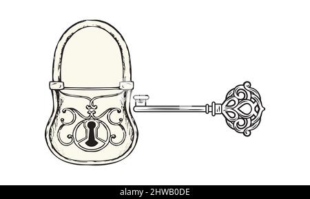 Set of vintage key and lock. Vector illustration cartoon padlock. Secret, mystery or safe icon. Stock Vector