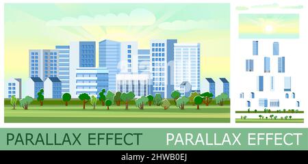 Beautiful cozy town with high-rise buildings and small houses. Country park trees. Cute cartoon style. Solid layers for image folding with parallax ef Stock Vector