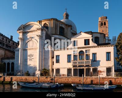 Venice, Italy - January 6 2022: Chiesa San Geremia Church on the Grand Canal in the Evening Stock Photo