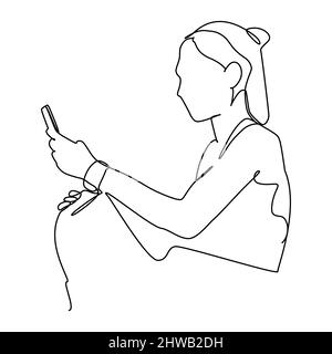 continuous single line drawing. Young woman looking smart phone. Vector illustration Stock Vector