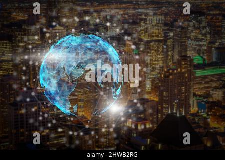 Particle earth with data technology network over Closeup Chicago Cityscape at the night time, Big data and artificial intelligence concept Stock Photo