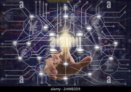 Businessman Finger point the center of Distributed computer network of blockchain and crpytocurrency over Financial technology on Hong Kong Old apartm Stock Photo