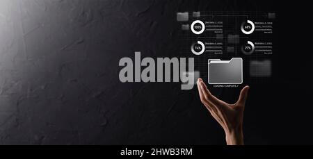 Business developer hand using board framework on virtual modern computer showing innovation Agile software development lean project management tool fa Stock Photo