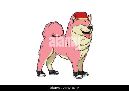 Bored ape kennel club NFT artwork. Pink shiba dog wearing shooes and hat. Crypto graphic asset . Flat vector illustration. Stock Vector