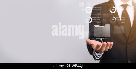 Business developer hand using board framework on virtual modern computer showing innovation Agile software development lean project management tool fa Stock Photo