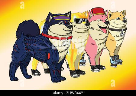 Bored ape kennel club NFT artwork collection. Set of shiba dogs pet. Crypto graphic asset isolated on golden background. Flat vector illustration. Stock Vector