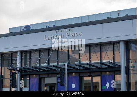 Belfast, UK- Feb 19, 2022: The entrance to Lanyon Place Train Station l in Belfast city centre. Stock Photo