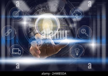 Businessman Fingerprint scan for support security access with biometrics identification over mockup with technology icon and blurred server room backg Stock Photo