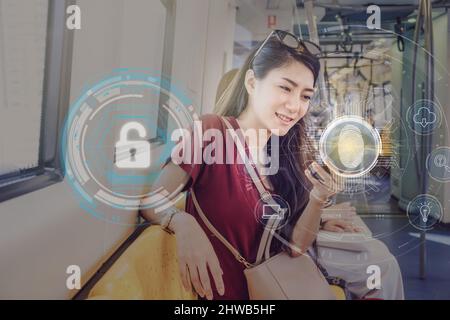 Asian woman passenger using the smart mobile phone by Fingerprint scan for support security access with biometrics identification in the Skytrain rail Stock Photo