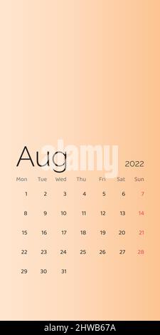 August 2022 calendar planner set for template corporate design week start on Monday. Vector Stock Vector