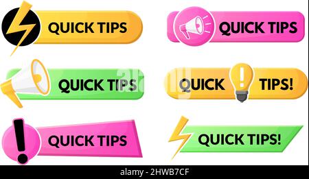 Quick tips and tricks helpful bars, advice, useful clue logos. Light bulb helpful tricks, prompts and suggestion vector symbols set. Abstract quick Stock Vector