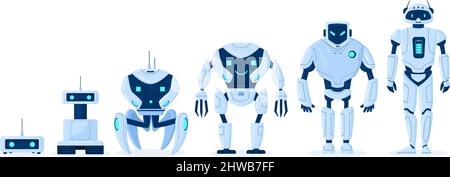 Cartoon robot evolution, digital bot characters development. Robots engineering progress from primitive droid to ai cyborg vector illustration set Stock Vector