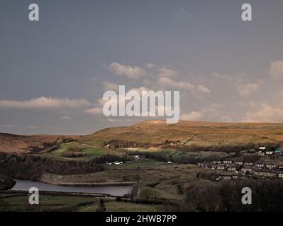 View across Wessenden Valley to Butterley Reservoir, Marsden C.C, Hemplow, Netherley  and Pule Hill with dusting of snow on the tops from Binn Lane. Stock Photo