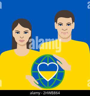 Pray for peace Ukraine. Man and woman in the colors of the national flag, yellow and blue with globe in hands Stock Vector