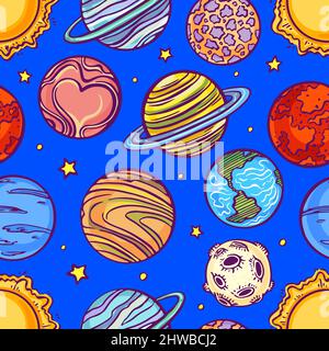 beautiful seamless pattern with planets of the solar system. hand-drawn illustration Stock Vector