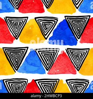 Abstract seamless pattern of colored watercolor and black spiral triangles. hand-drawn illustration Stock Vector